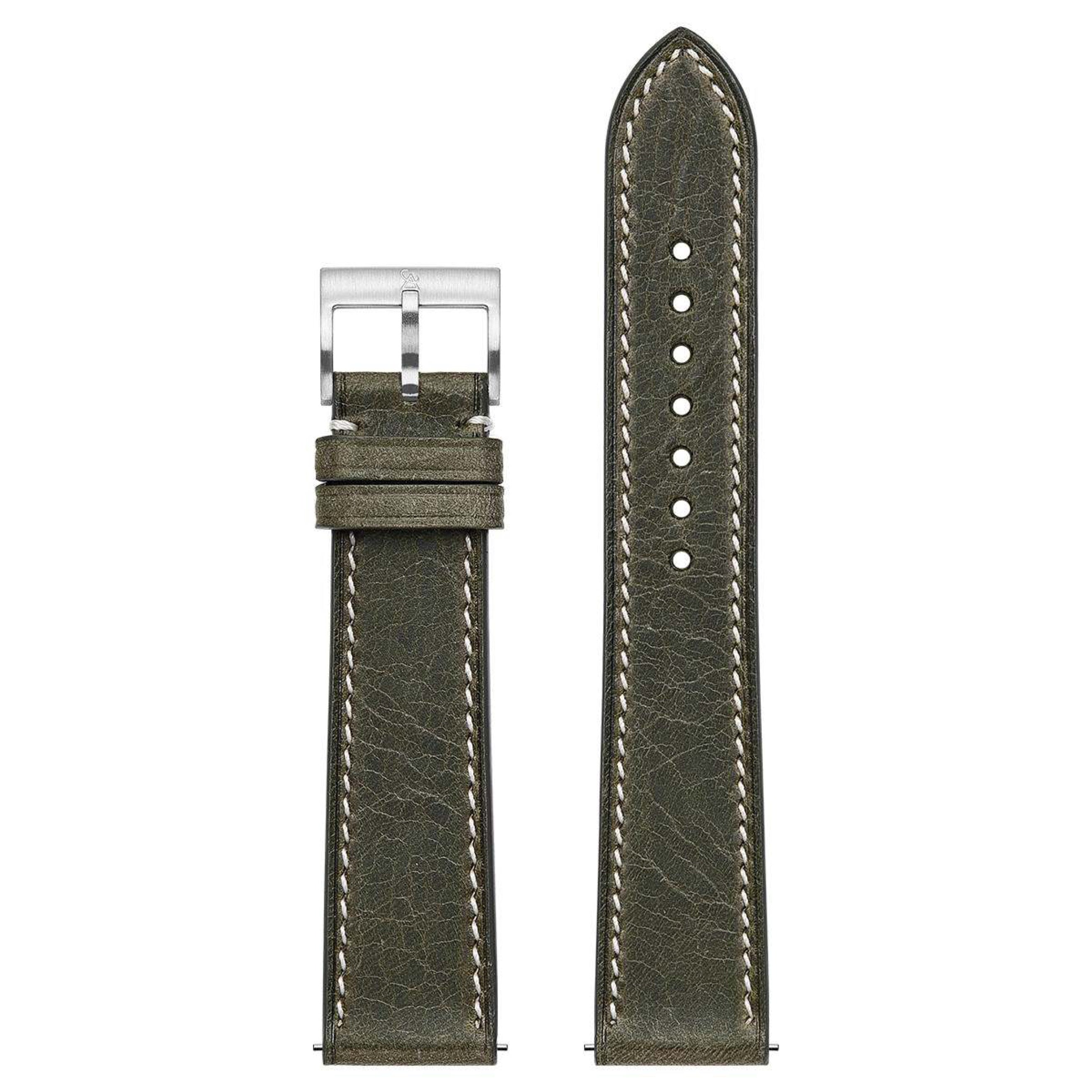 Italian Wax Leather Watch Strap Racing Green White Stitch